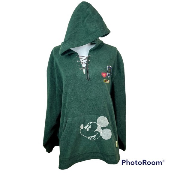 Disney Vintage 90s Mickey Mouse Fleece Green Embroidery Patchwork Hoodie Sweater